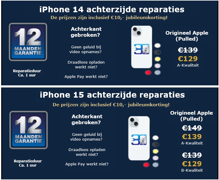 iPhone 14 en 15 achterzijde reparaties - 30minutes-repair.nl