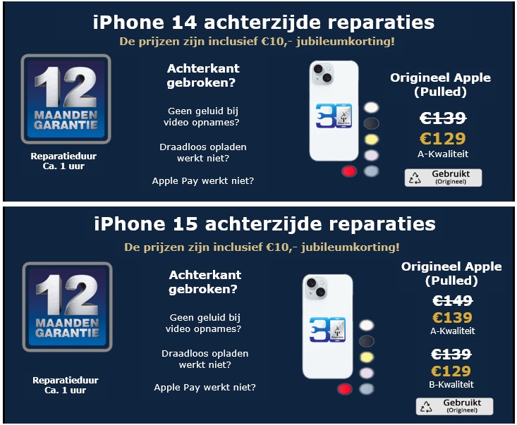 iPhone 14 en 15 achterzijde reparaties - 30minutes-repair.nl
