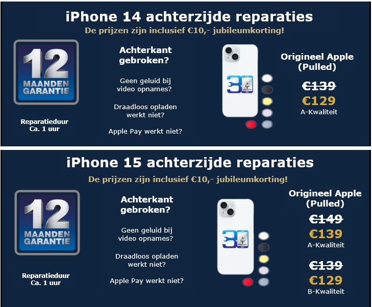 iPhone 14 en 15 achterzijde reparaties - 30minutes-repair.nl