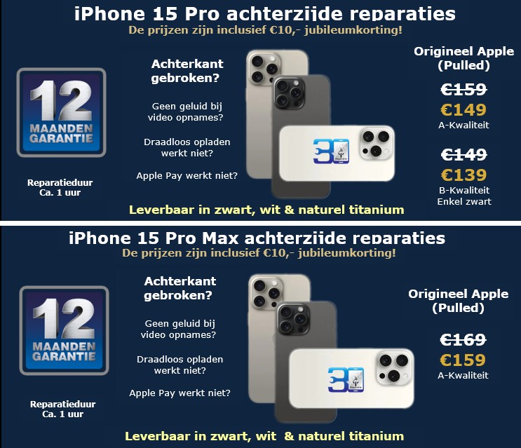iPhone 15 Pro en 15 Pro Max achterzijde reparaties - 30minutes-repair.nl