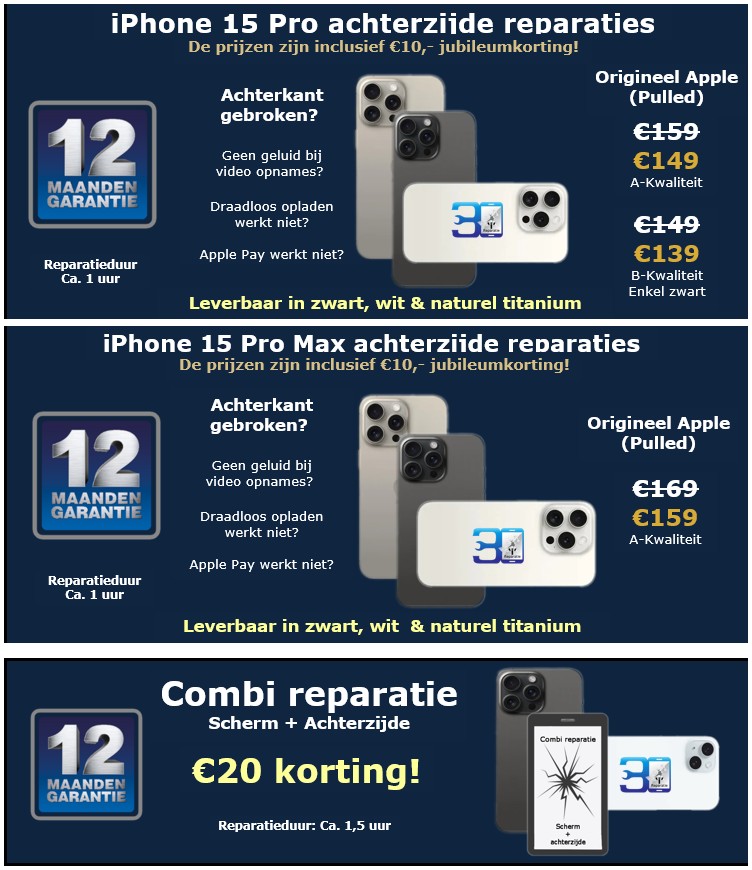 iPhone 15 Pro en 15 Pro Max achterzijde reparatie - 30minutes-repair.nl