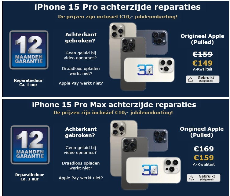 iPhone 15 Pro en 15 Pro Max achterzijde reparaties - 30minutes-repair.nl
