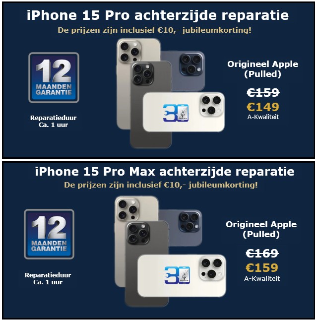 iPhone 15 Pro en 15 Pro Max achterzijde reparaties - 30minutes-repair.nl