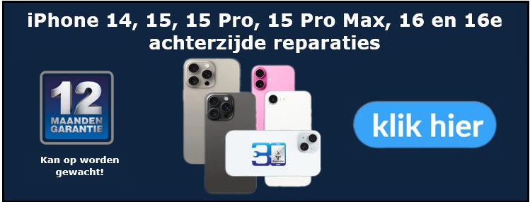 iPhone achterkant reparatie iPhone 14, 15, 15 Pro, 15 Pro Max, 16 en 16e - 30minutes-repair.nl 10 jaar iPhone reparatie specialist