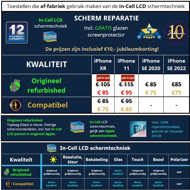 iPhone XR, 11, SE 2020 en SE 2022 scherm reparatie prijzen - 30minutes-repair.nl