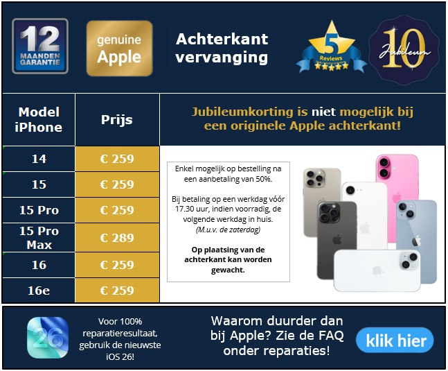 Originele nieuwe Apple achterkant voor de iPhone 14,15, 15 Pro, 15 Pro Max, 16 en 16e -30minutes-repair - 10 jaar iPhone reparatie specialist