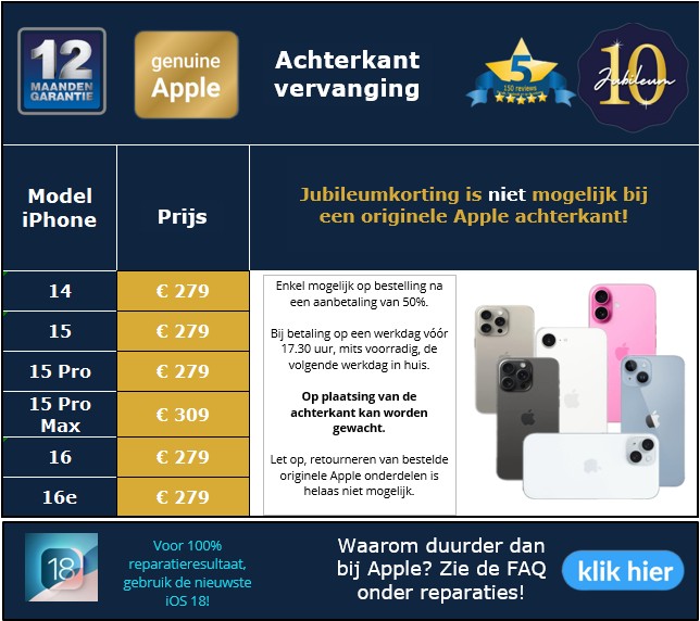 Originele nieuwe Apple achterkant voor de iPhone 14,15, 15 Pro, 15 Pro Max, 16 en 16e -30minutes-repair - 10 jaar iPhone reparatie specialist