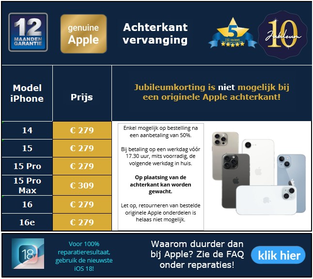 Originele nieuwe Apple achterkant voor de iPhone 14,15, 15 Pro, 15 Pro Max, 16 en 16e -30minutes-repair - 10 jaar iPhone reparatie specialist