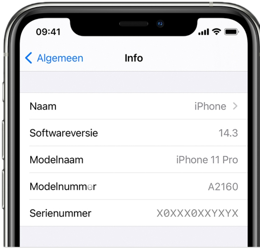 Model iPhone onder info in de software