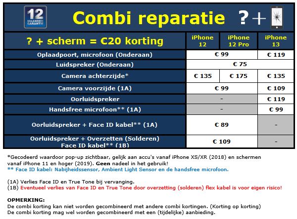 Combi overige reparaties iPhone 12, 12 Pro en 13